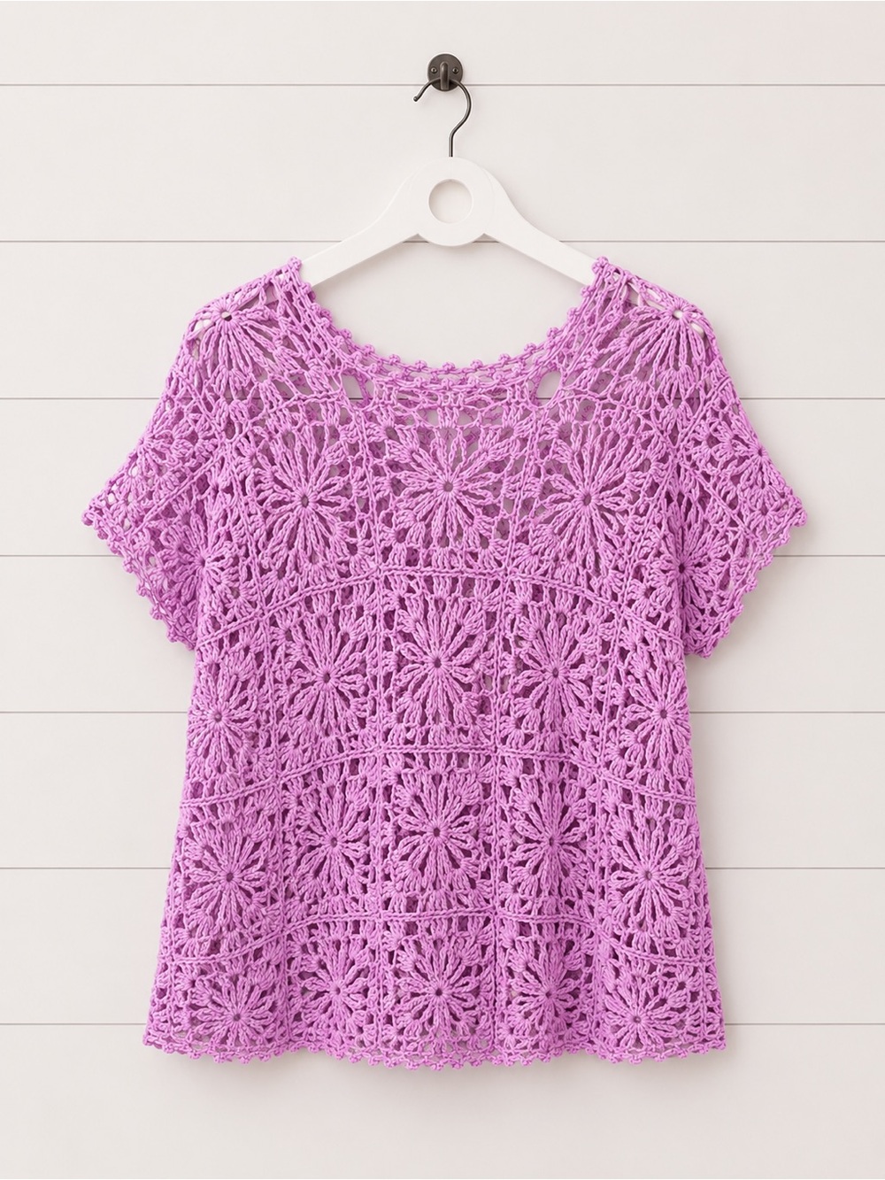 Lace Crochet Floral Short-Sleeve Cotton Top in Lavender